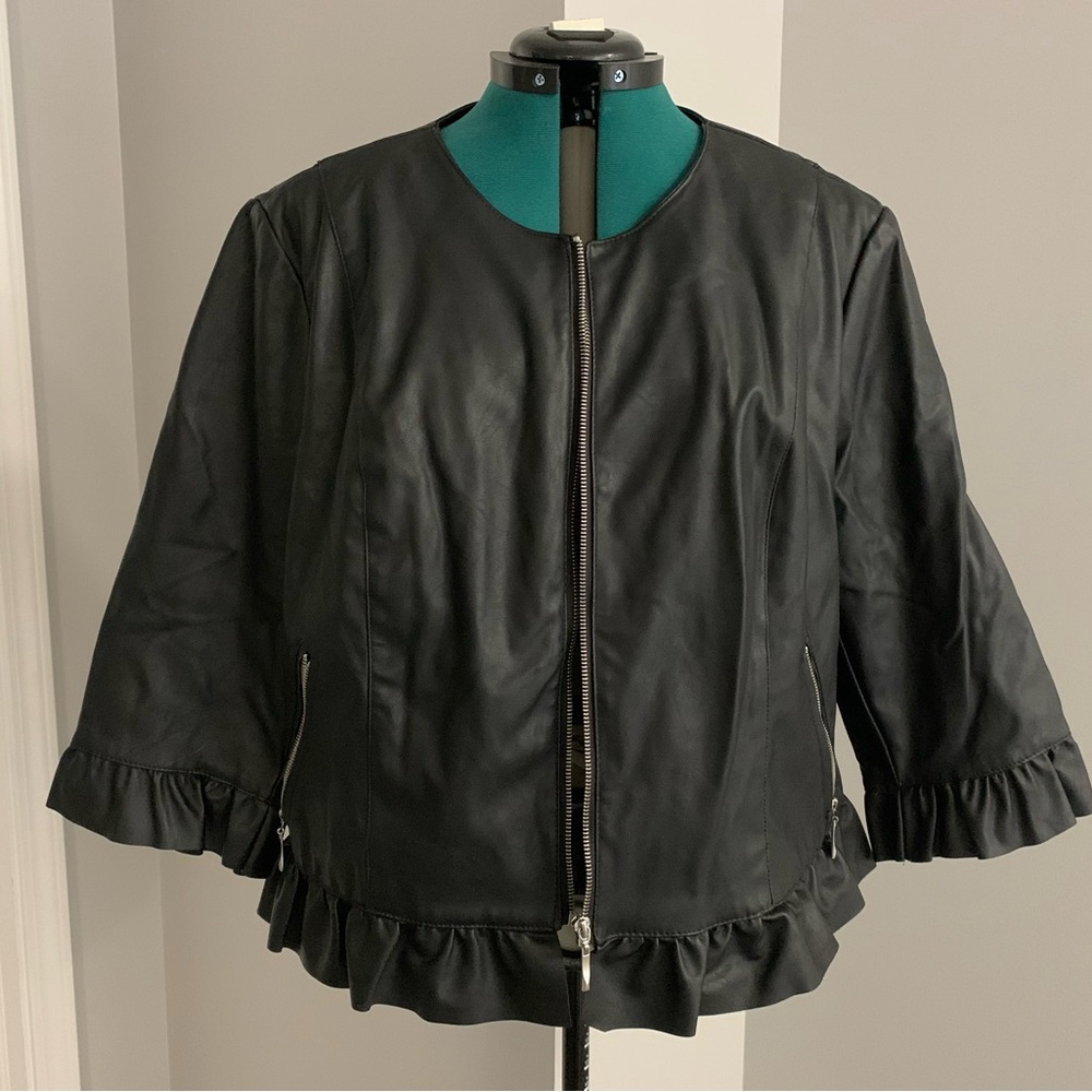 Black Ruffled Faux Leather Women's Jacket